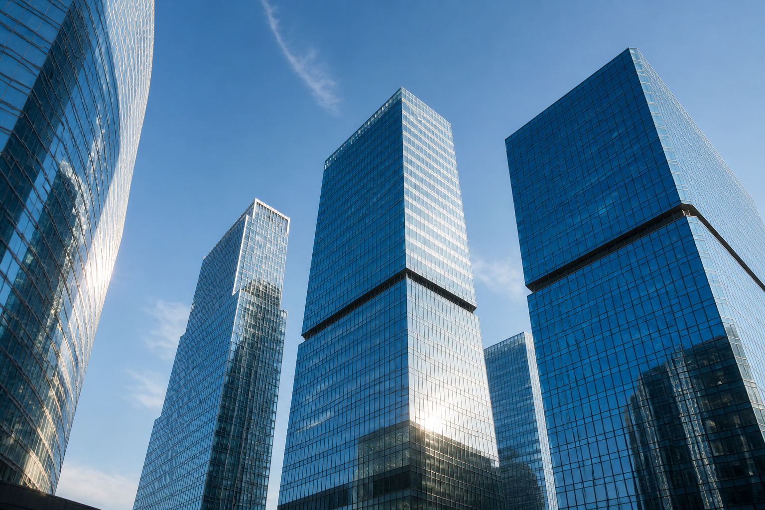 Sunlit glass towers in a financial district against a clear blue sky